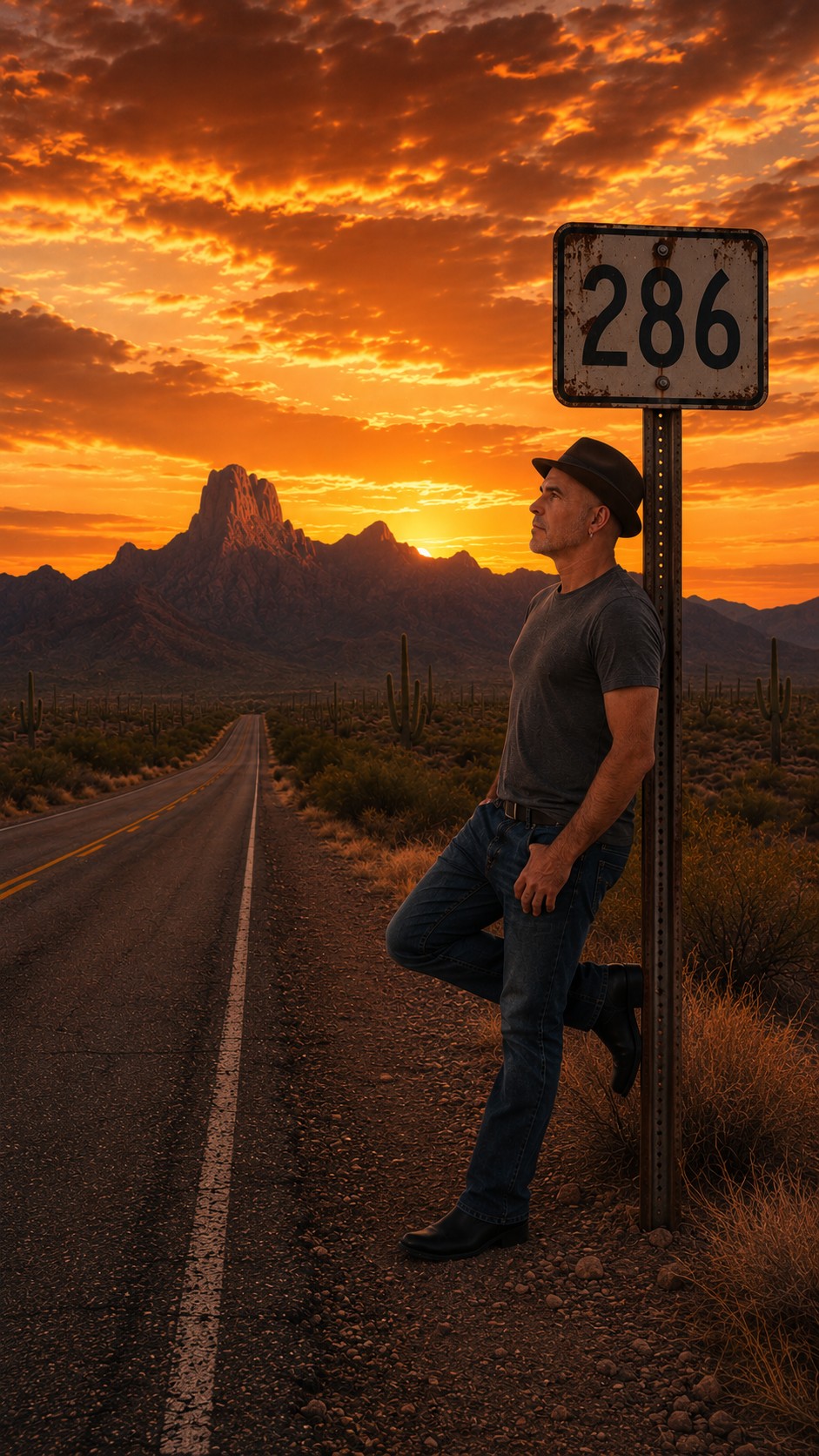 Nathan Morrison at the State Route 286 sign at sunset