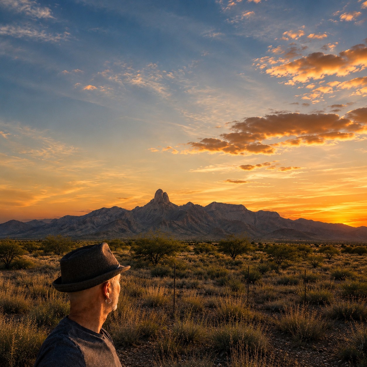Nathan Morrison looking out at Baboquivari Mountain sunset
